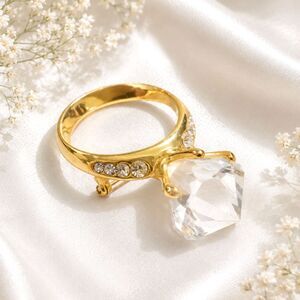 Vintage Oversized Diamond Ring Statement Brooch Gold Tone Rhinestone Accents